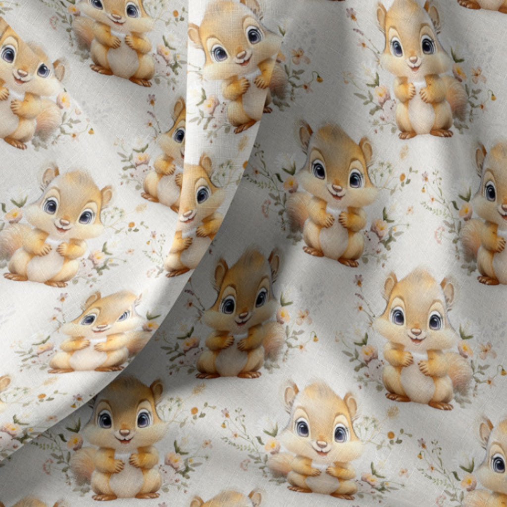Tissu Coton Ecureuil Squirrel Numérique Fond Lin | Laize 1m50