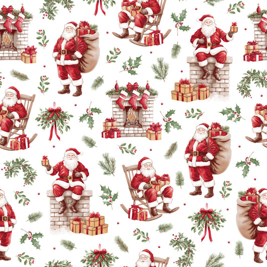 Coton Père Noël Avec Cadeaux Fond Blanc | Laize 1m60
