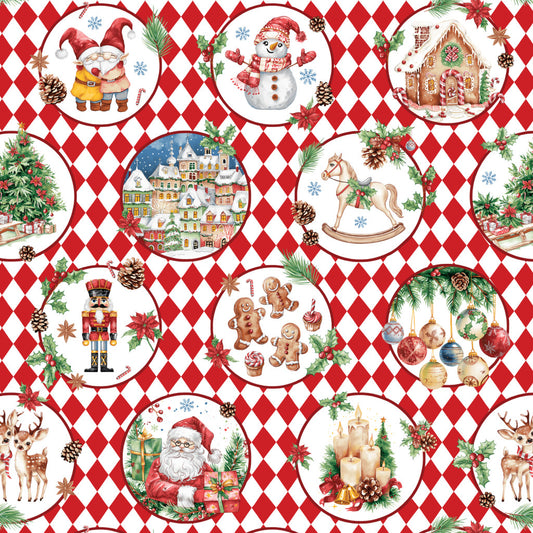 Coton Portraits De Noël Sur Losanges Blanc et Rouges | Laize 1m55