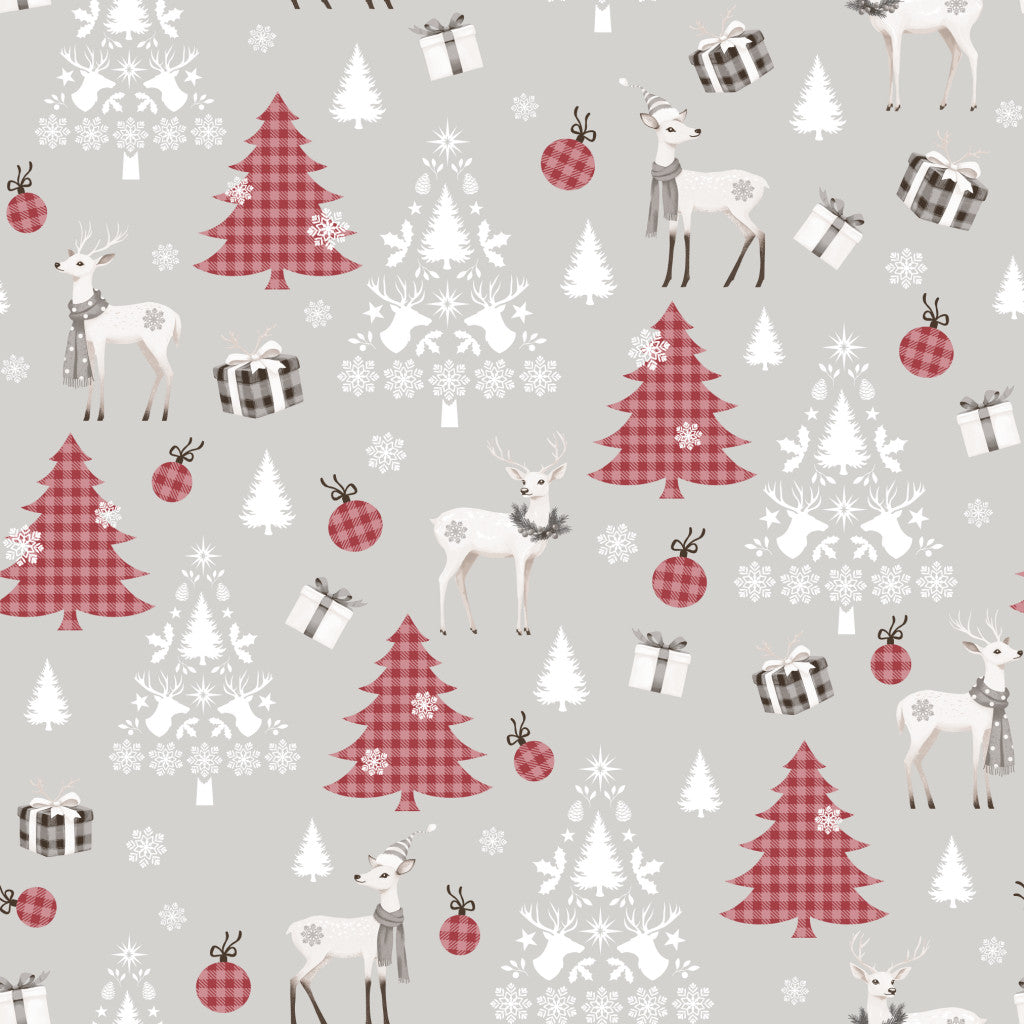 Coton Noël Rennes et Arbres Sur Fond Gris | Laize 1m55