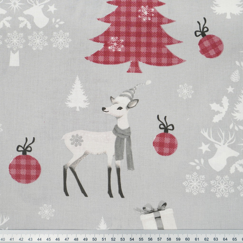 Coton Noël Rennes et Arbres Sur Fond Gris | Laize 1m55