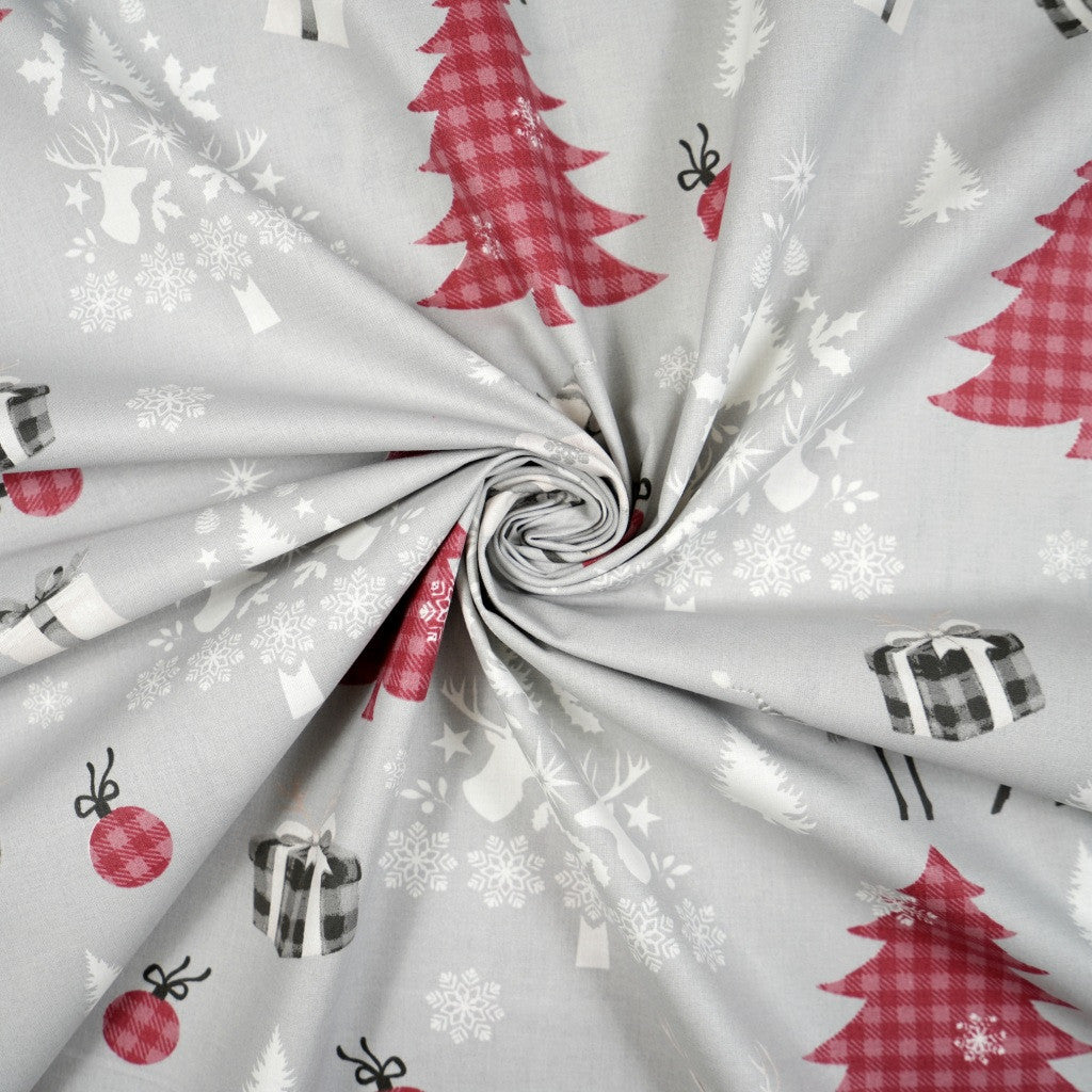 Coton Noël Rennes et Arbres Sur Fond Gris | Laize 1m55