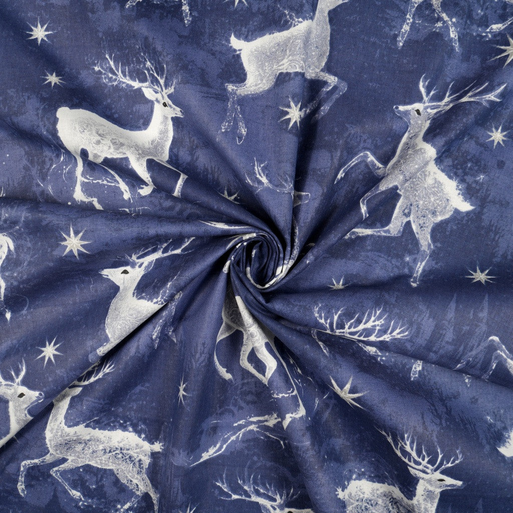 Coton Noël Rennes Magiques Fond Bleu Navy | Laize 1m60