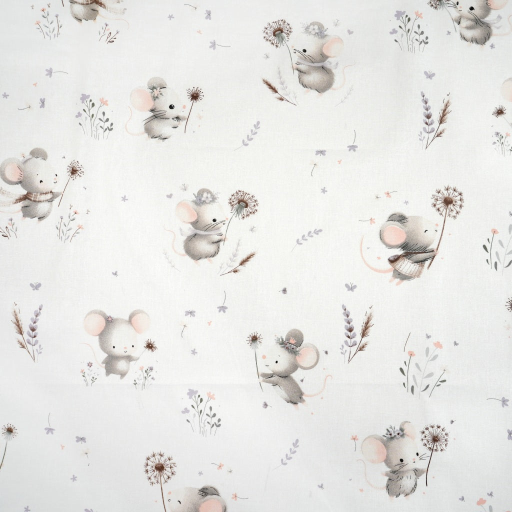 Coton Souris Dandelion Fond Blanc | Laize 1m60