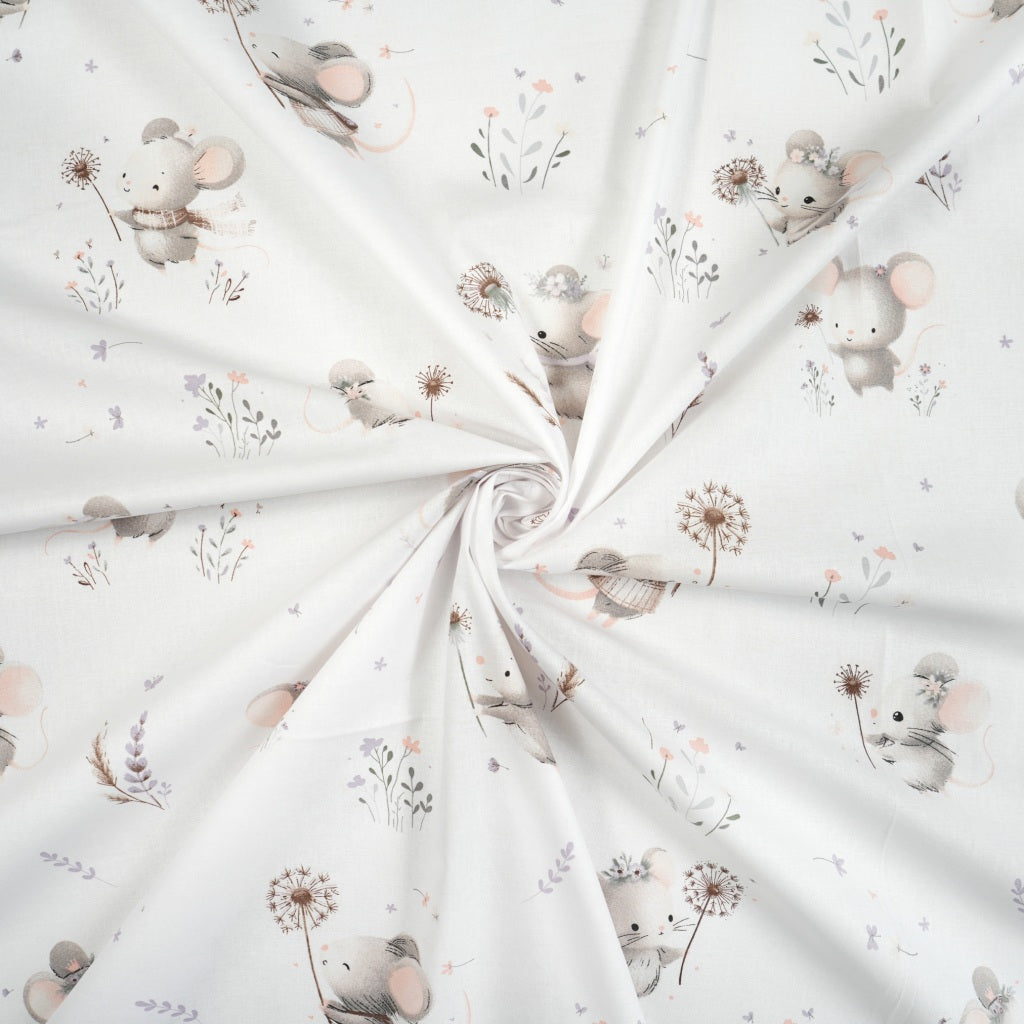 Coton Souris Dandelion Fond Blanc | Laize 1m60