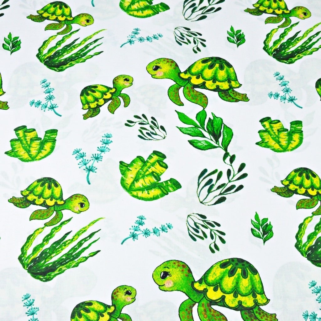 Tissu Coton Tortue de Mer Fond Blanc | Laize 1m55