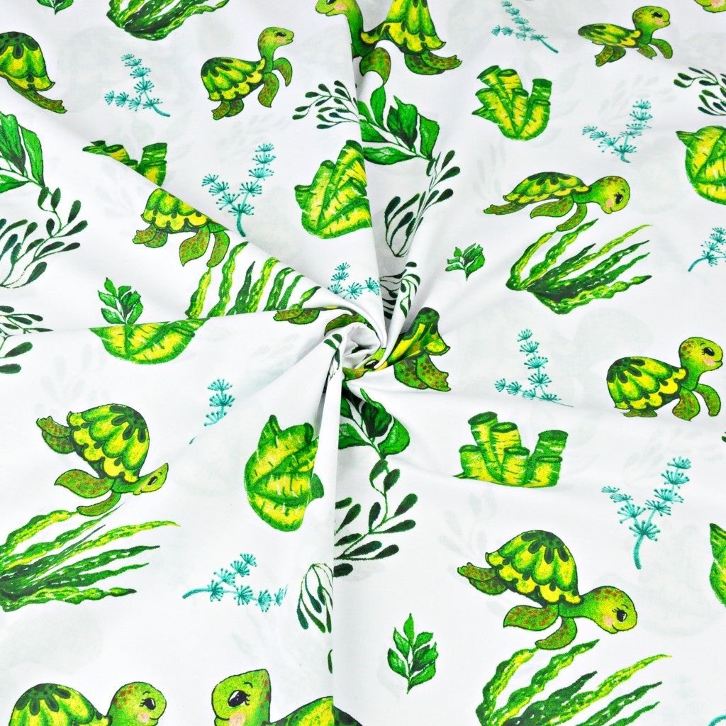 Tissu Coton Tortue de Mer Fond Blanc | Laize 1m55