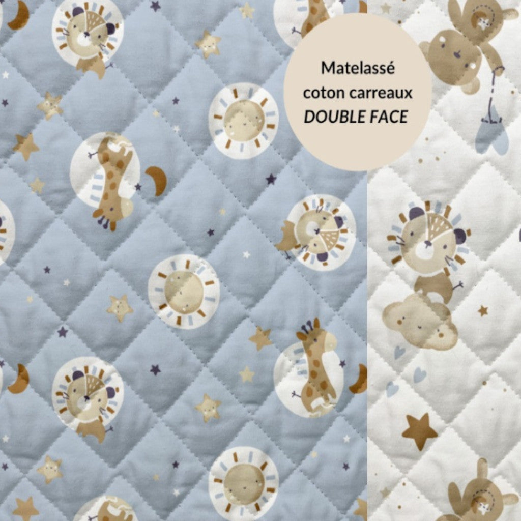 Tissu Coton Matelassé Réversible | Blini Bloubi Baltique | Carreaux