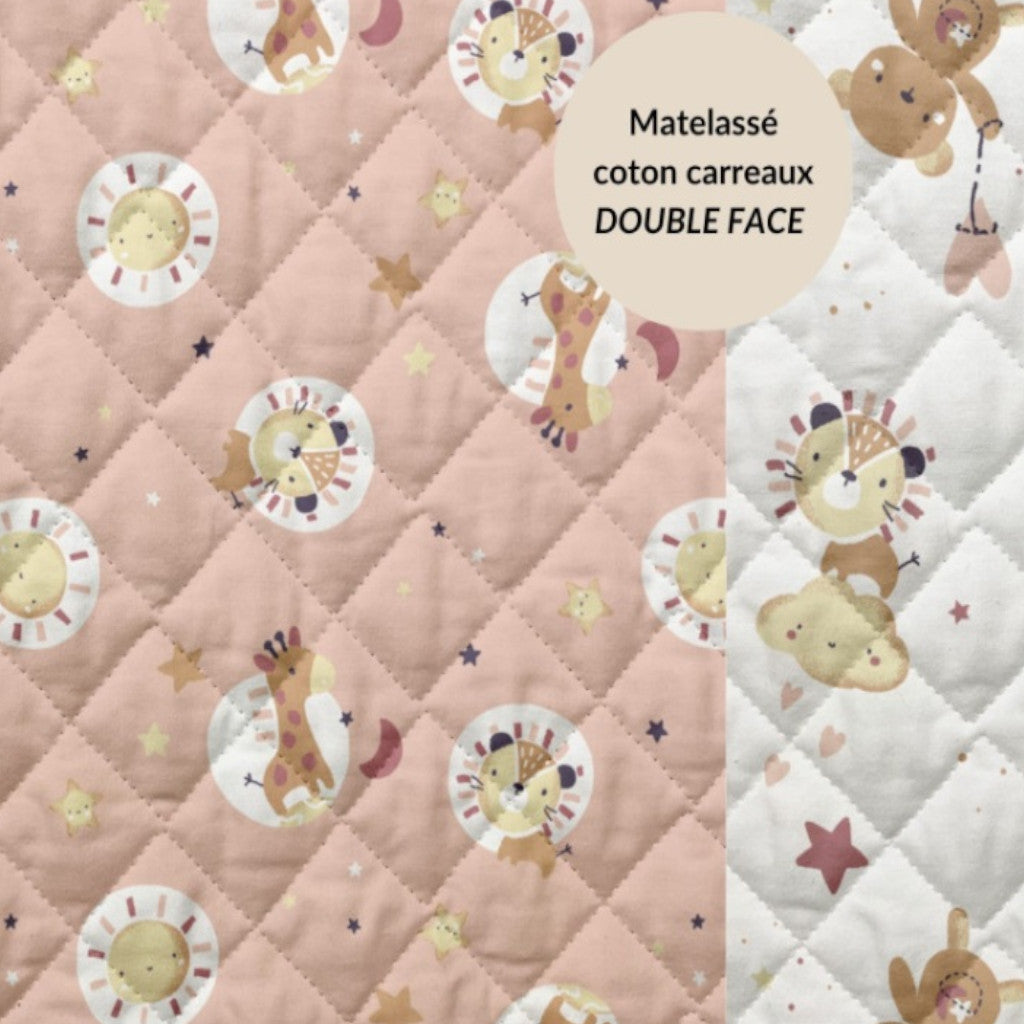 Tissu Coton Matelassé Réversible | Blini Bloubi Rose Poudre | Carreaux