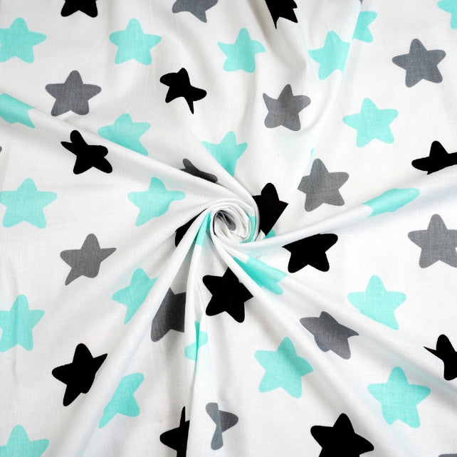 Tissu Coton Etoiles Gris Turquoise Fond Blanc | Laize 1m50