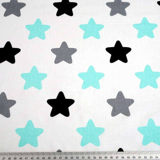 Tissu Coton Etoiles Gris Turquoise Fond Blanc | Laize 1m50