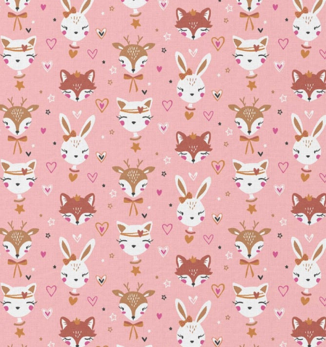 Tissu Coton Lapin Renard Anibel Fond Rose | Laize 1m50