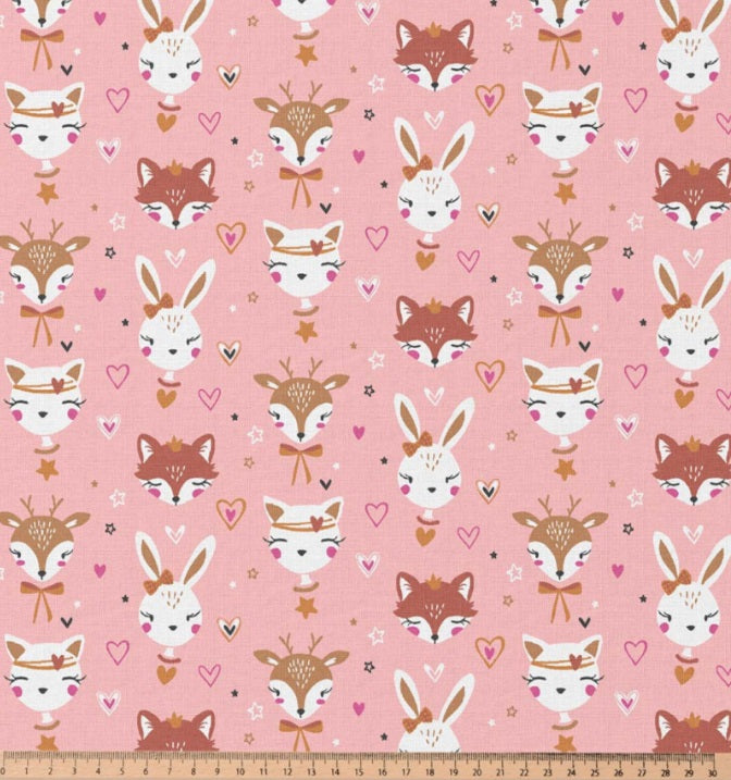 Tissu Coton Lapin Renard Anibel Fond Rose | Laize 1m50
