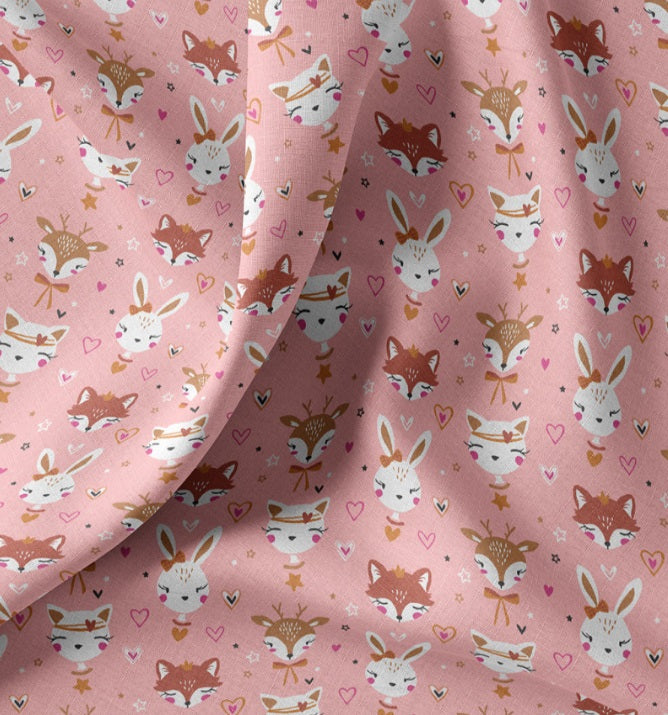Tissu Coton Lapin Renard Anibel Fond Rose | Laize 1m50