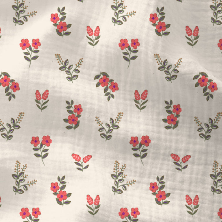 Double Gaze De Coton Imprimé | Fleurs Fergie Ecru Rouge | Laize 130cm