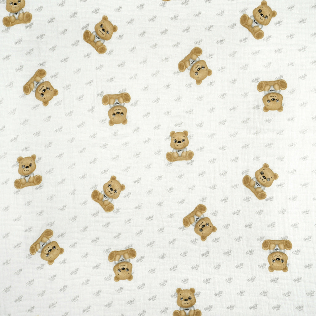 Double Gaze De Coton Imprimé | Ourson Beige Fond Blanc | Laize 135cm