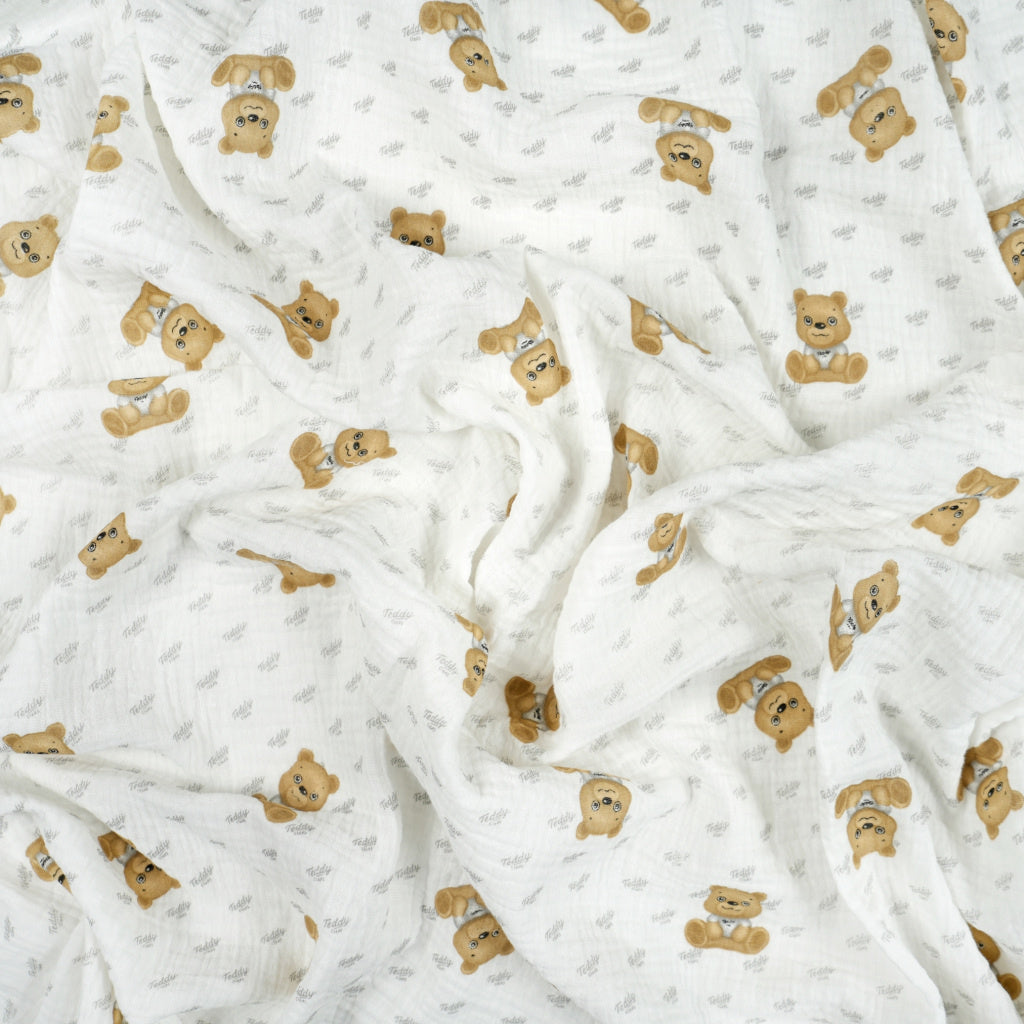 Double Gaze De Coton Imprimé | Ourson Beige Fond Blanc | Laize 135cm