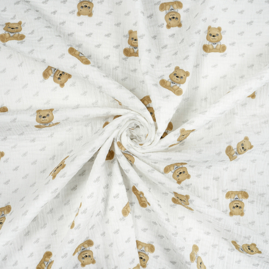Double Gaze De Coton Imprimé | Ourson Beige Fond Blanc | Laize 135cm