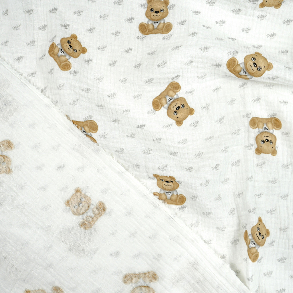 Double Gaze De Coton Imprimé | Ourson Beige Fond Blanc | Laize 135cm