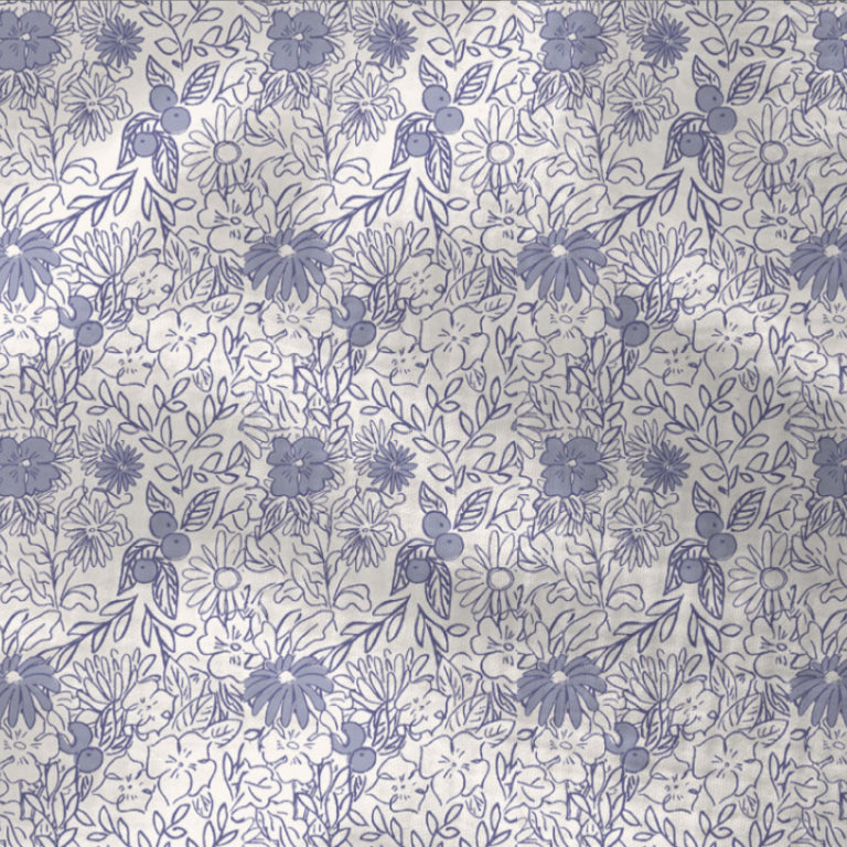 Double Gaze De Coton Imprimé | Fleurs Zomea Ecru Bleu | Laize 130cm