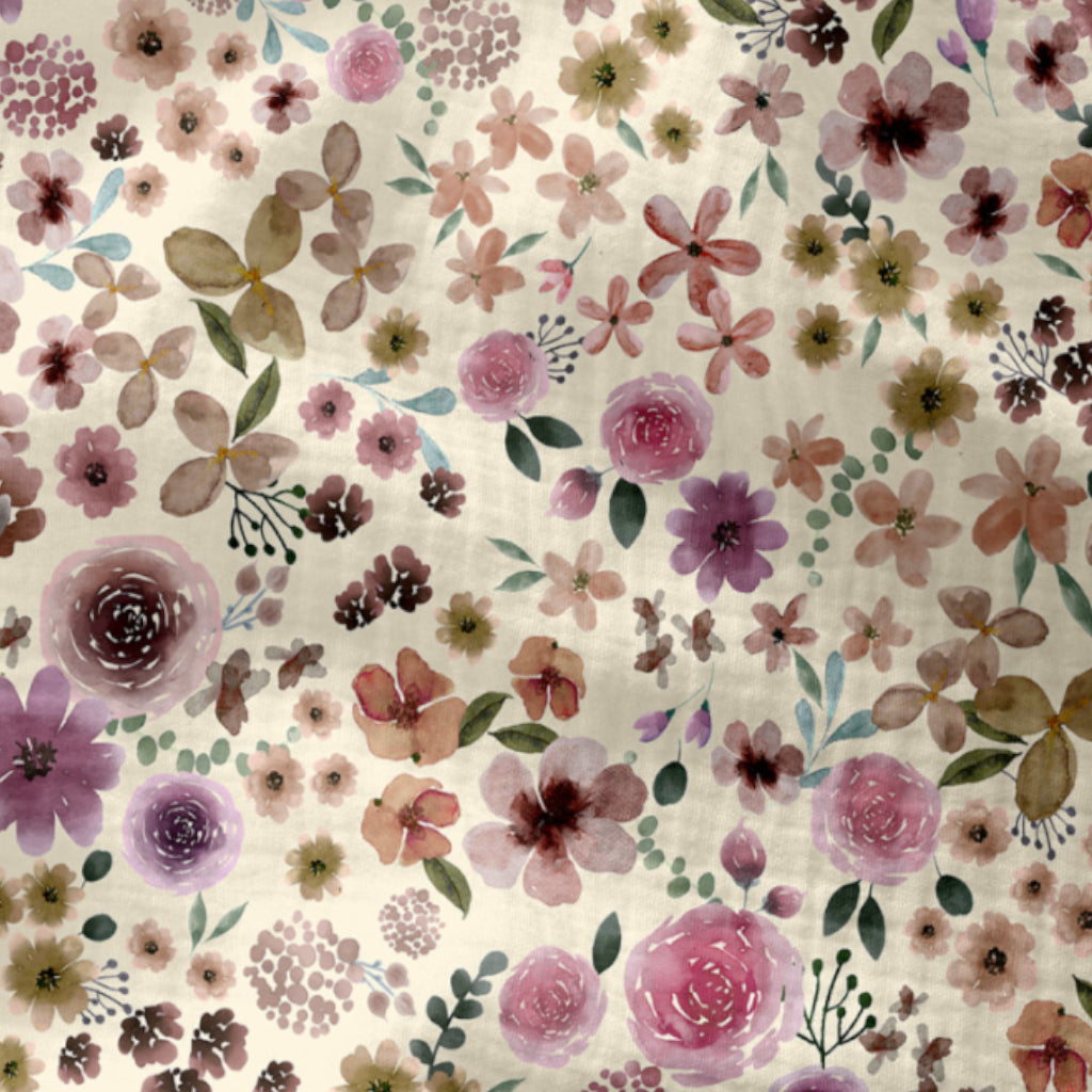 Double Gaze De Coton Imprimé | Fleurs Hortense Ecru Violet