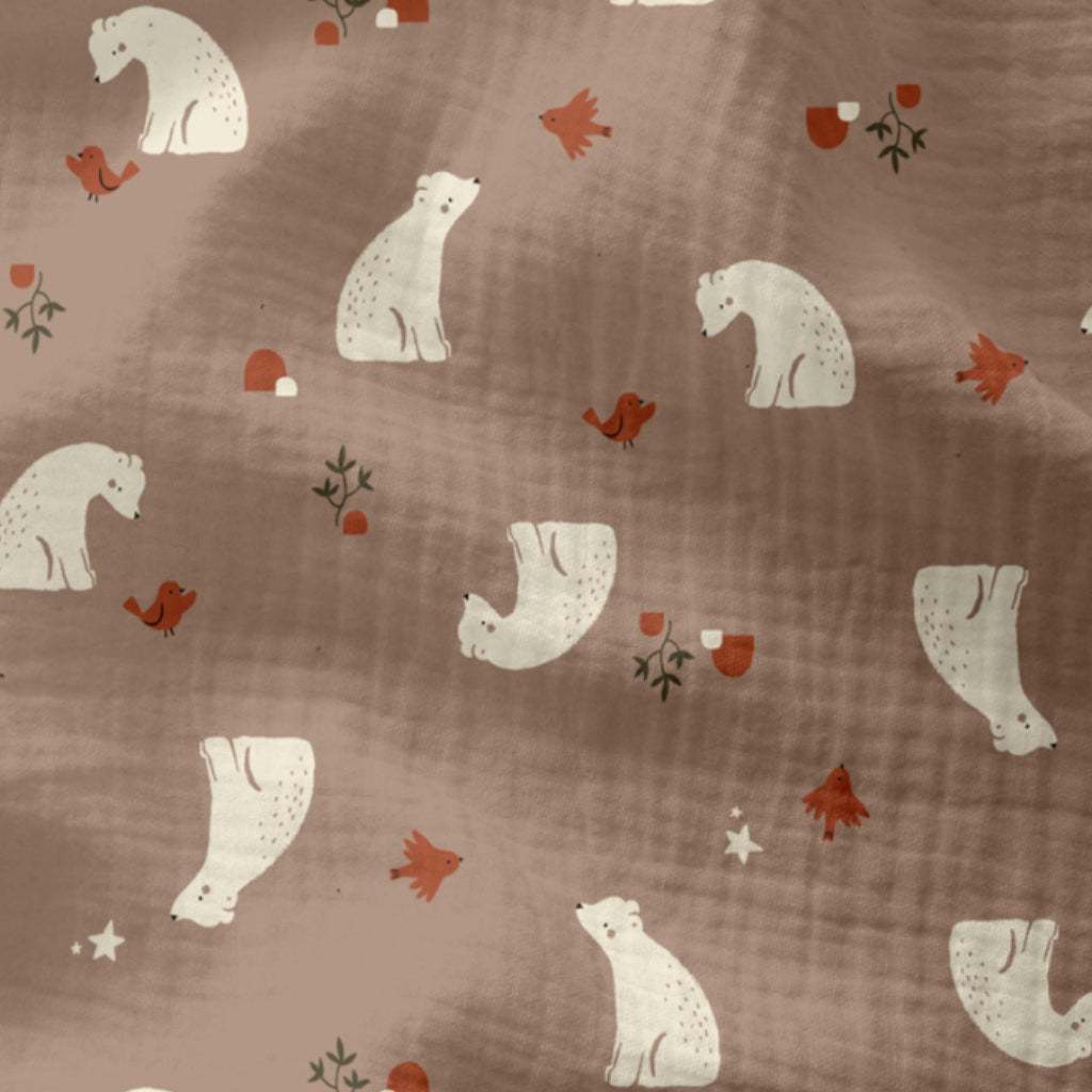 Double Gaze De Coton Imprimé | Ours Kizou Mocha | Laize 130cm