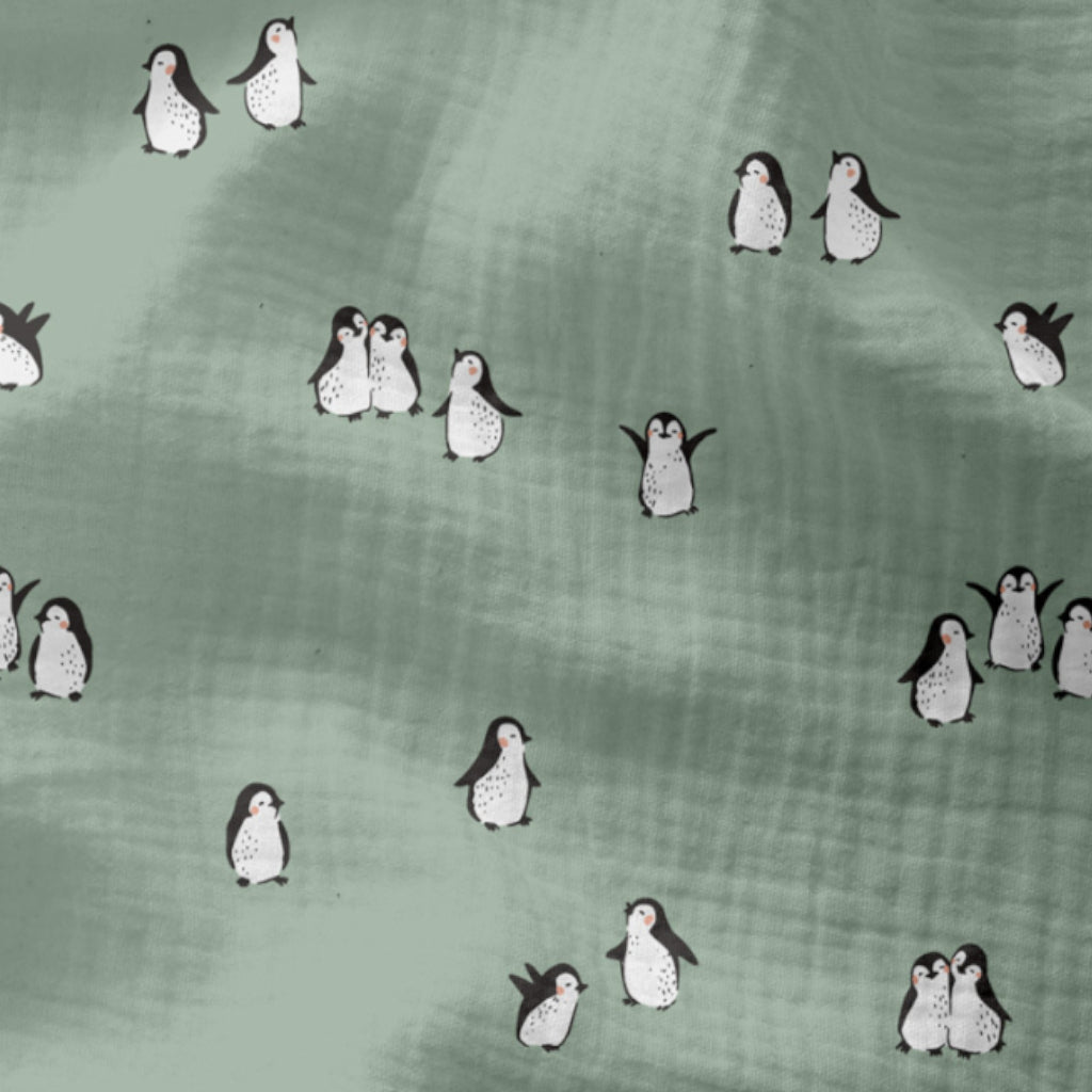 Double Gaze De Coton Imprimé | Pingu Vert de Gris | Laize 130cm