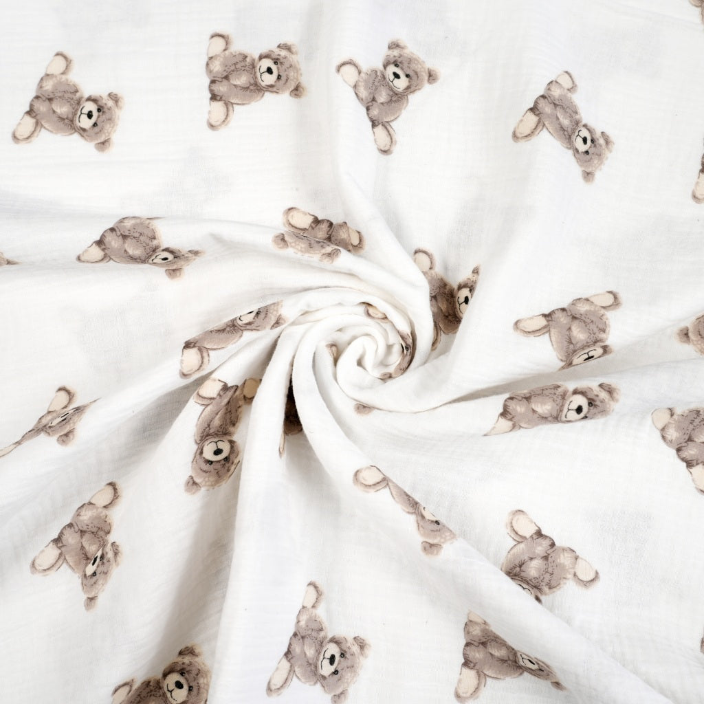 Double Gaze De Coton Imprimé | Ourson Teddy Fond Beige | Laize 135cm