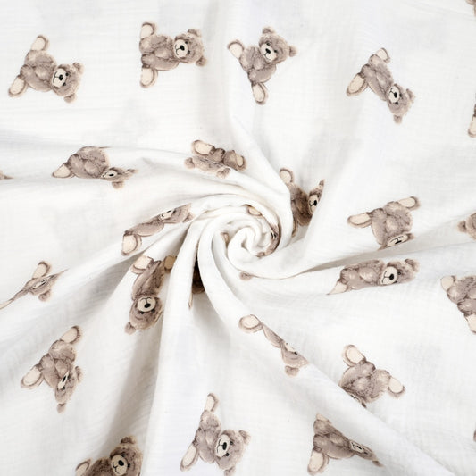 Double Gaze De Coton Imprimé | Ourson Teddy Fond Beige | Laize 135cm