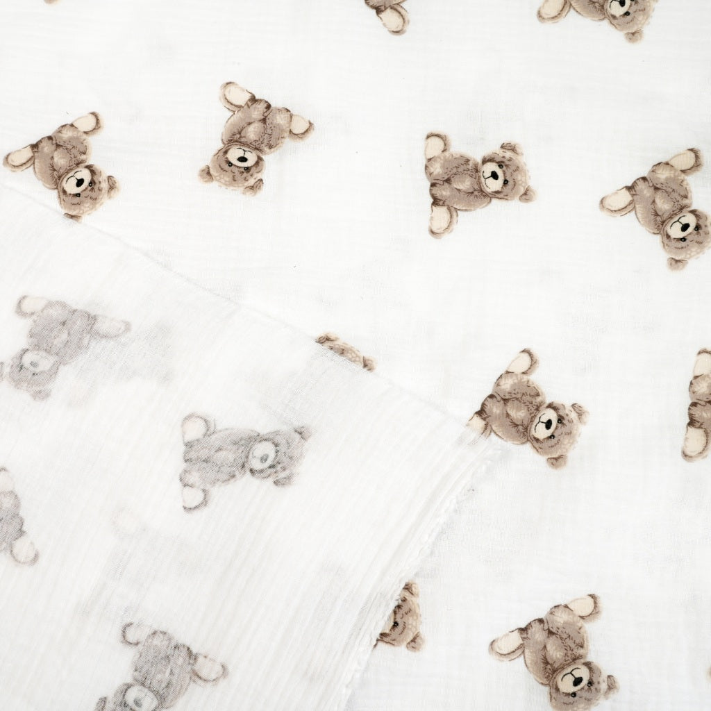 Double Gaze De Coton Imprimé | Ourson Teddy Fond Beige | Laize 135cm