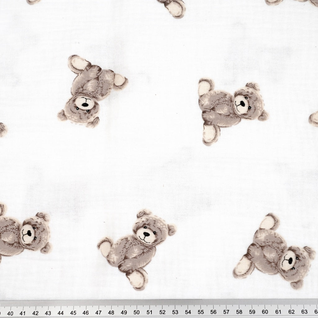 Double Gaze De Coton Imprimé | Ourson Teddy Fond Beige | Laize 135cm