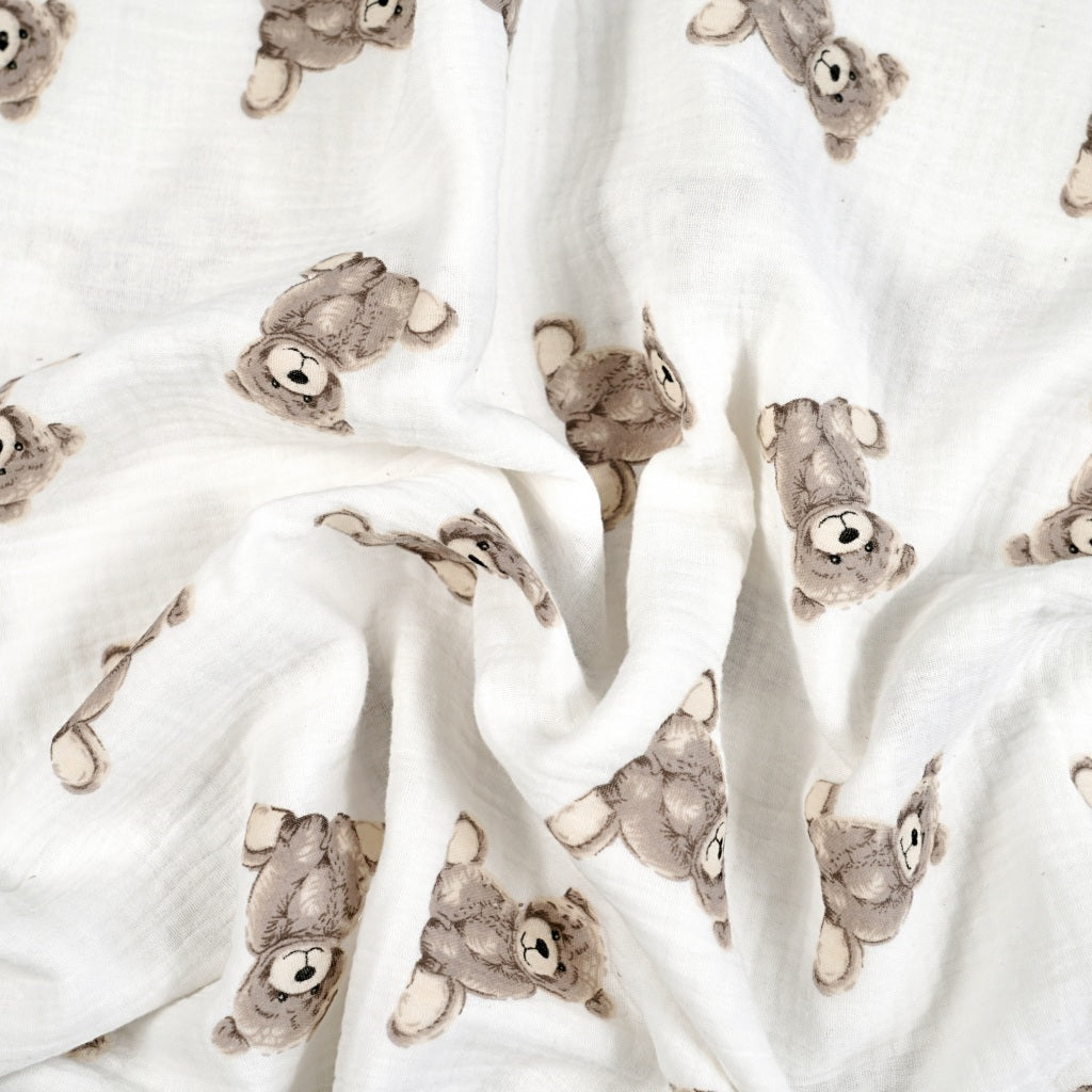 Double Gaze De Coton Imprimé | Ourson Teddy Fond Beige | Laize 135cm
