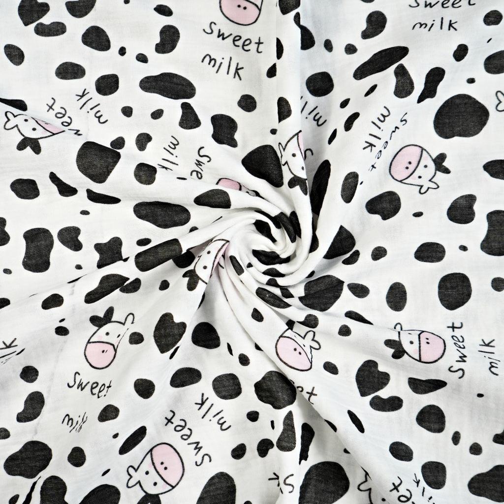 Double Gaze De Coton Imprimé | Vaches Fond Blanc | Laize 135cm