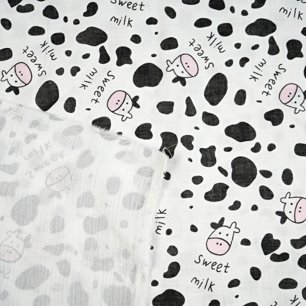 Double Gaze De Coton Imprimé | Vaches Fond Blanc | Laize 135cm
