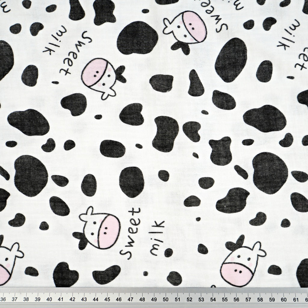 Double Gaze De Coton Imprimé | Vaches Fond Blanc | Laize 135cm
