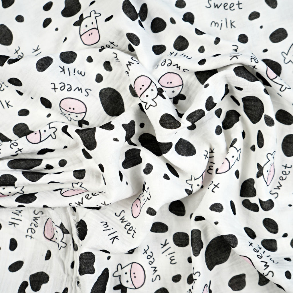 Double Gaze De Coton Imprimé | Vaches Fond Blanc | Laize 135cm
