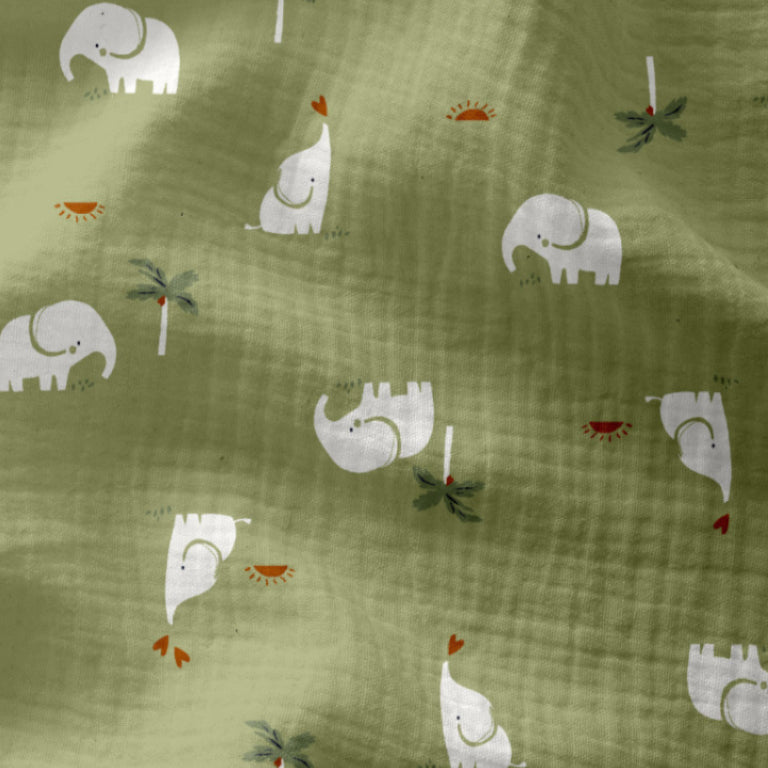 Double Gaze De Coton Imprimé | Eléphant Sheena Vert Amande | Laize 135cm