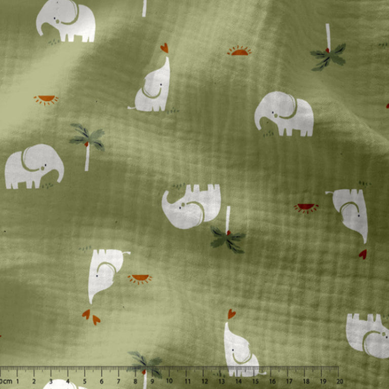 Double Gaze De Coton Imprimé | Eléphant Sheena Vert Amande | Laize 135cm