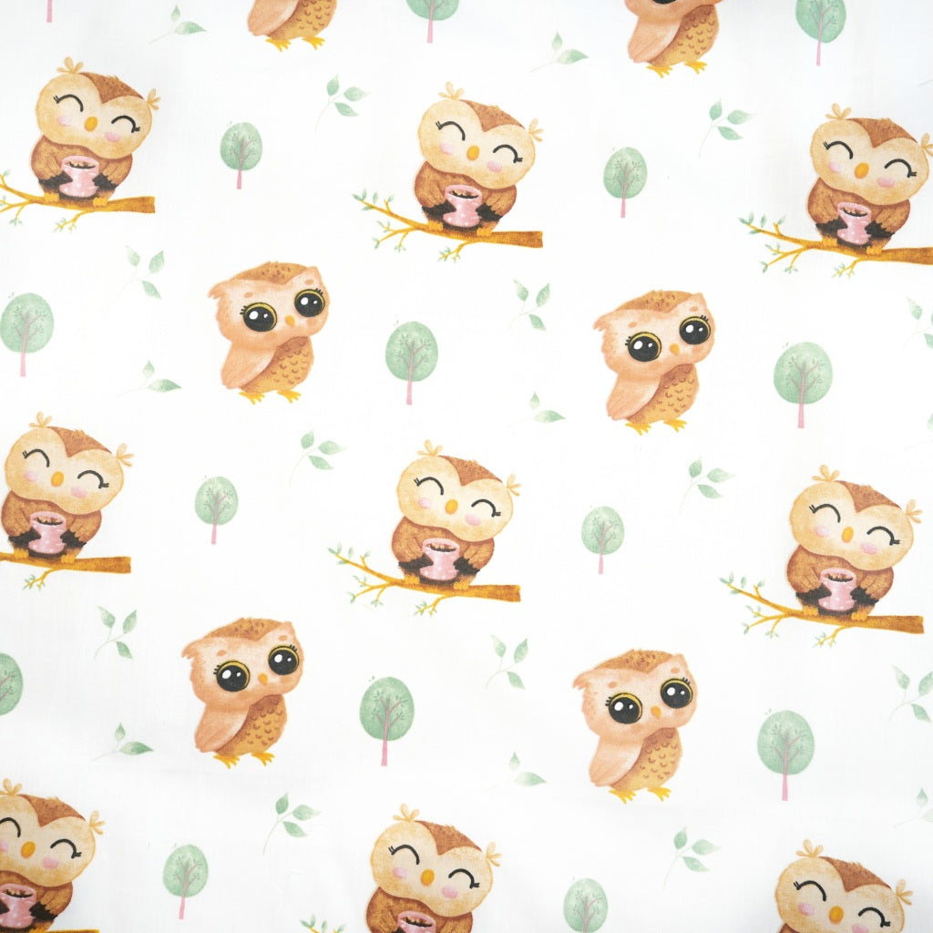 Coton Animaux Hiboux Branche Fond Blanc | 1m x 1m60