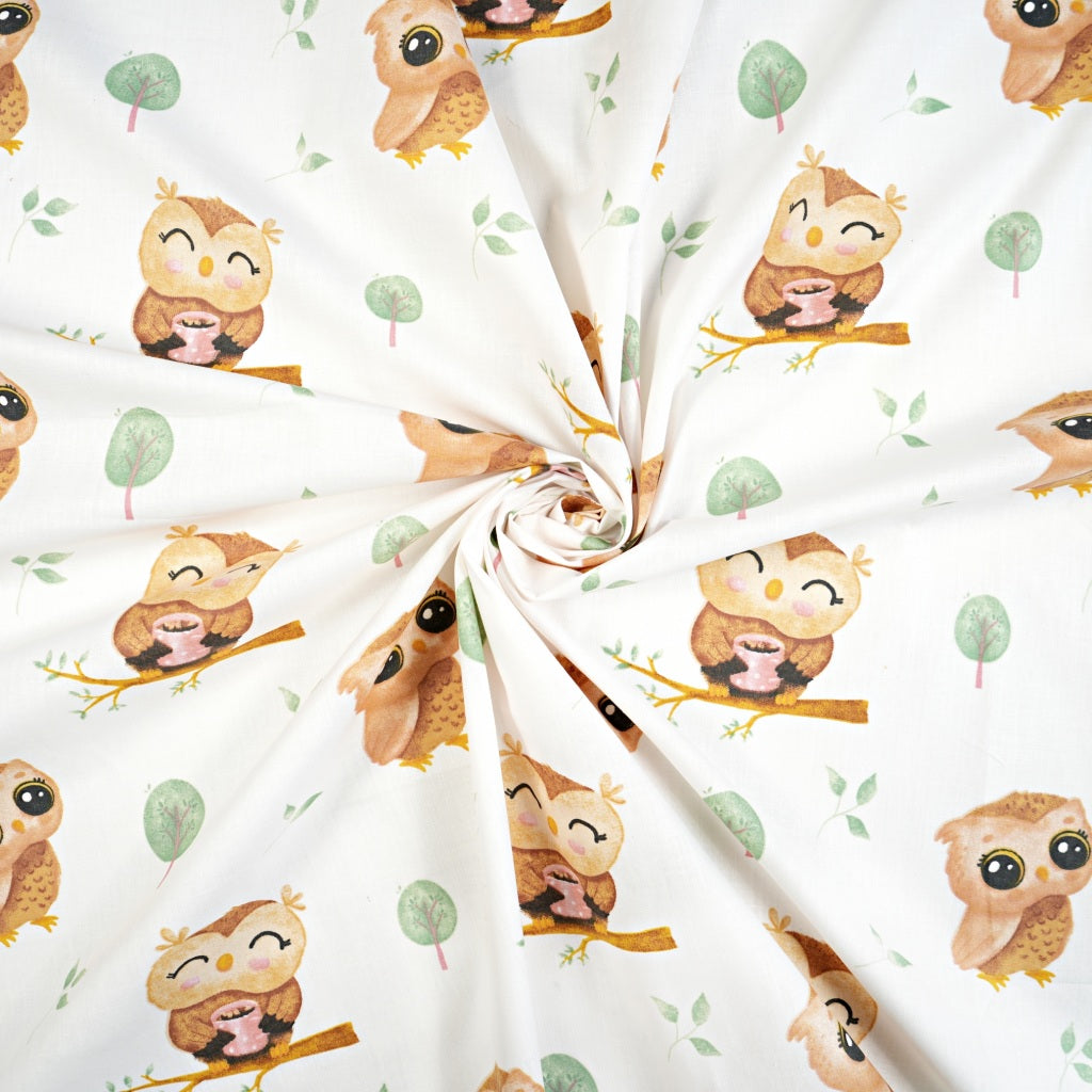 Coton Animaux Hiboux Branche Fond Blanc | 1m x 1m60