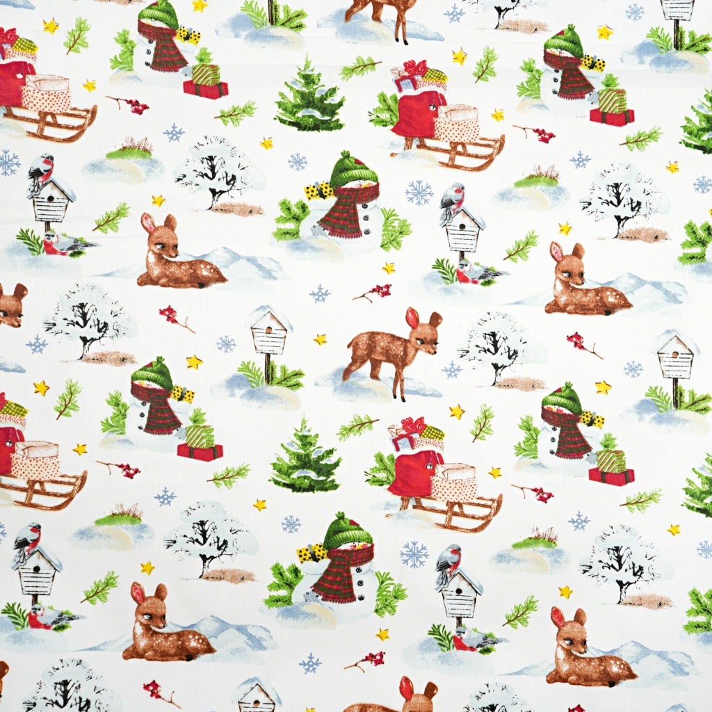 Coton Motifs de Noël Cerf Fond Blanc | 1m x 1m60