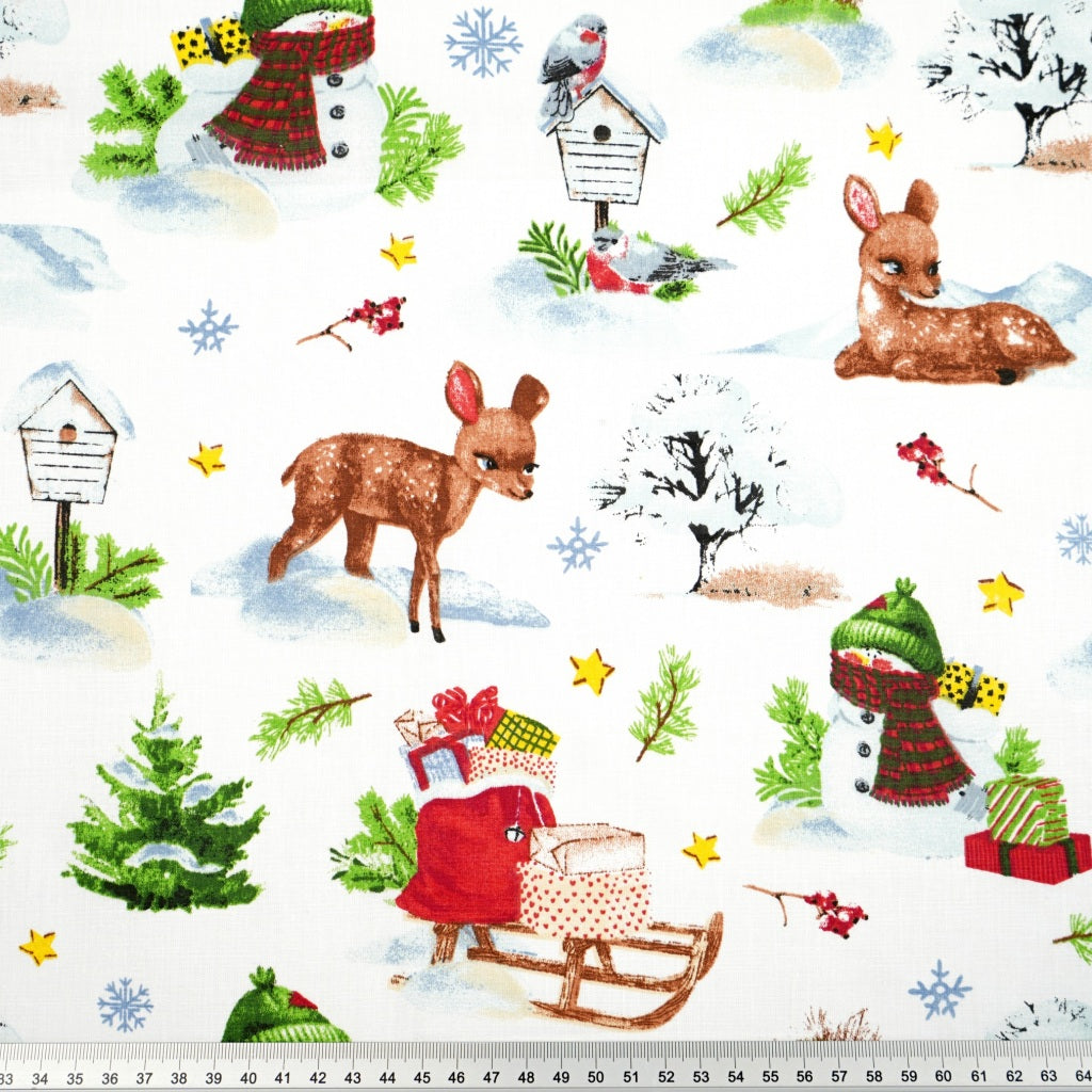 Coton Motifs de Noël Cerf Fond Blanc | 1m x 1m60