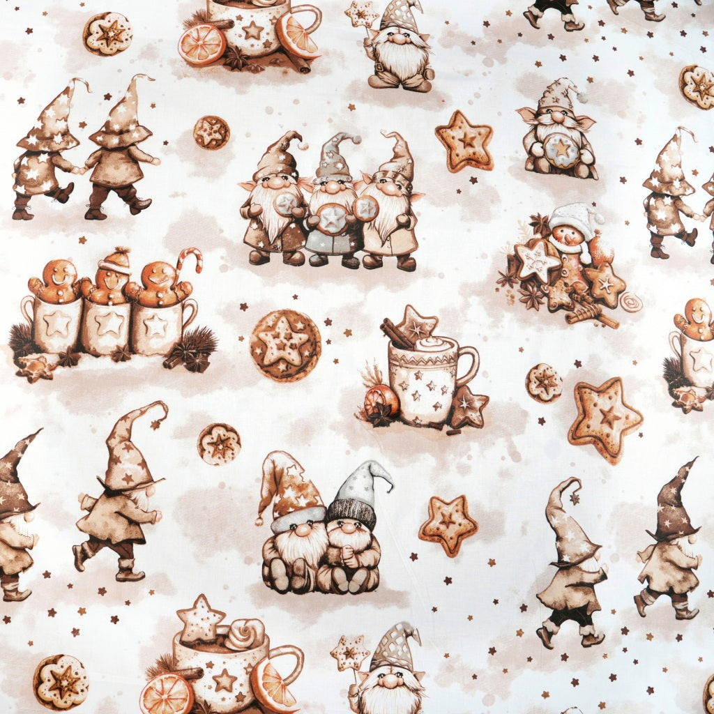 Coton Noël Nains Marron Pain D'Epices Fond Blanc | 1m x 1m60