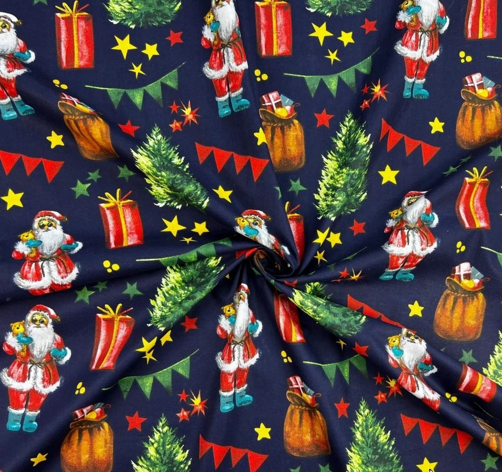 Père Noël et Décorations sur Fond Bleu Navy | 1m x 1m60