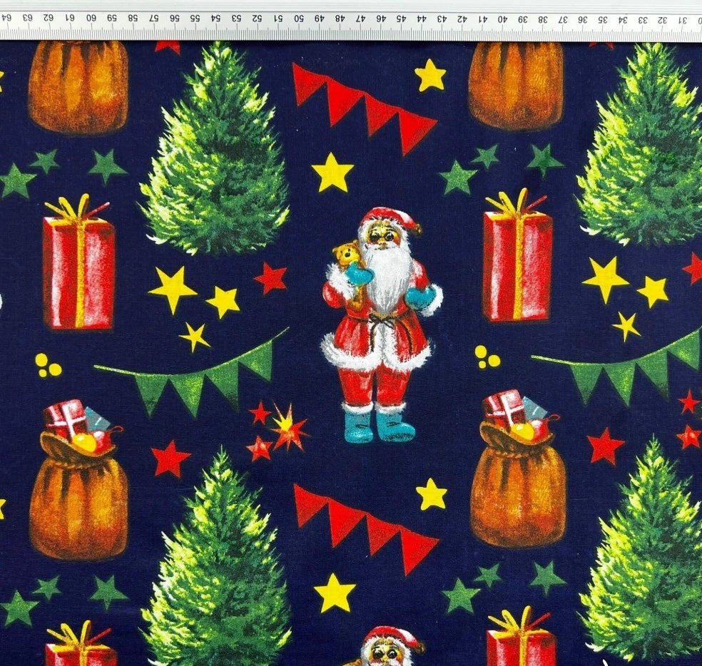 Père Noël et Décorations sur Fond Bleu Navy | 1m x 1m60