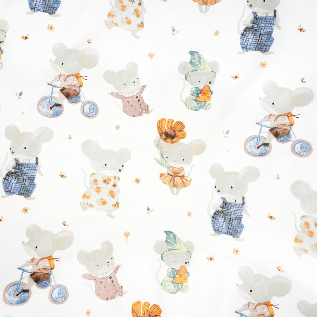 Coton Animaux Souris Vélo Fond Blanc | 1m x 1m60