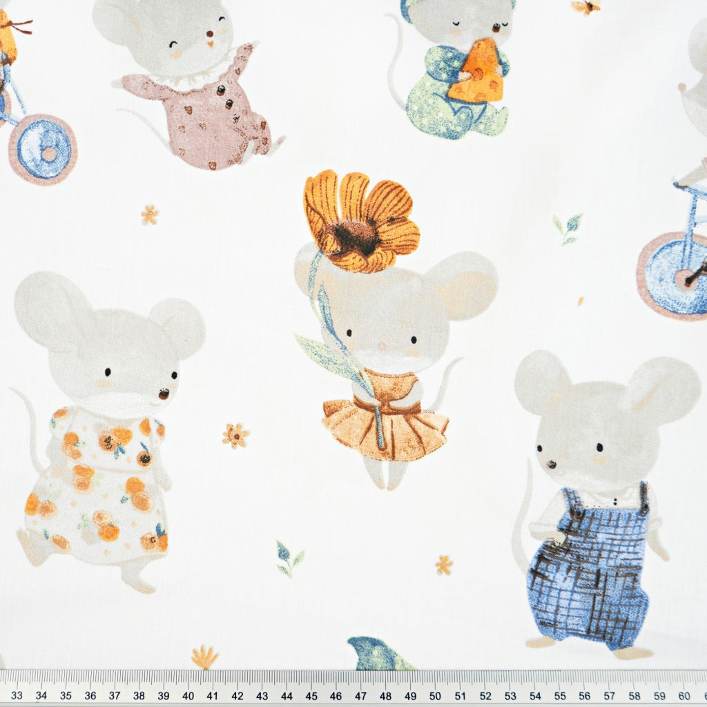 Coton Animaux Souris Vélo Fond Blanc | 1m x 1m60