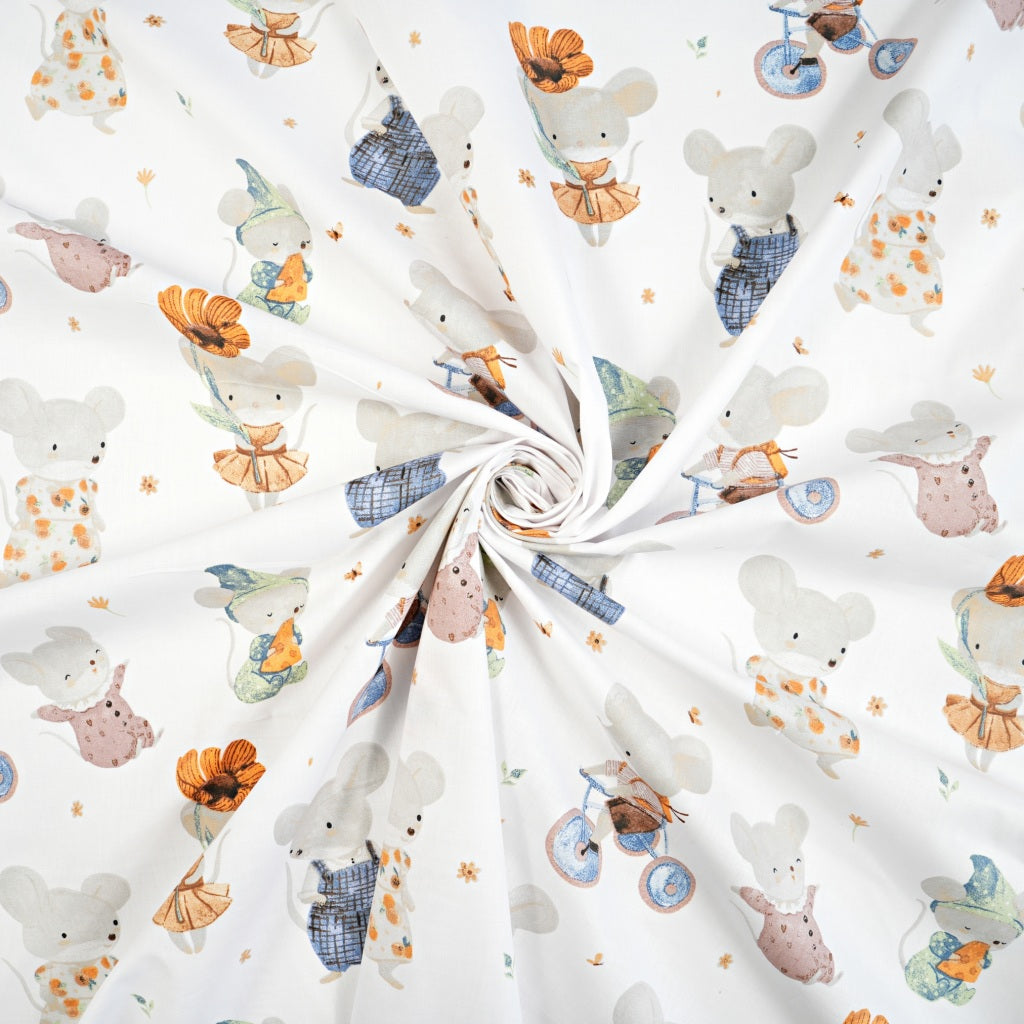 Coton Animaux Souris Vélo Fond Blanc | 1m x 1m60