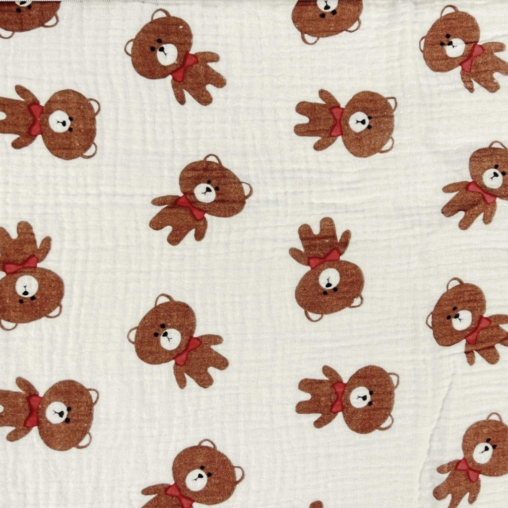 Double Gaze De Coton Imprimé | Ourson Brun | Laize 135cm