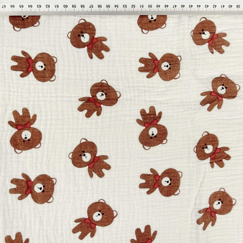 Double Gaze De Coton Imprimé | Ourson Brun | Laize 135cm